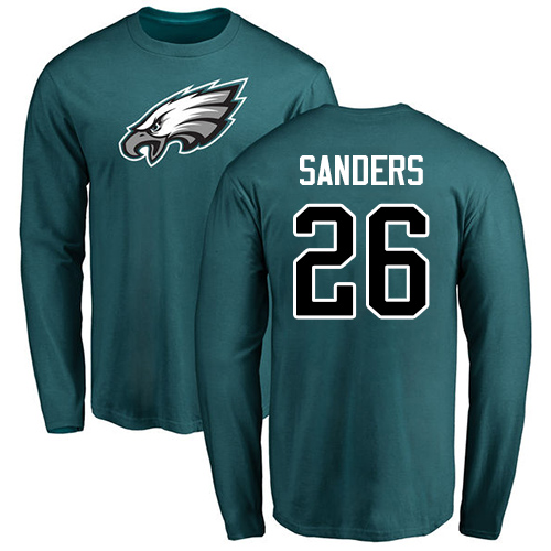 Men Philadelphia Eagles #26 Miles Sanders Green Name and Number Logo Long Sleeve NFL T Shirt